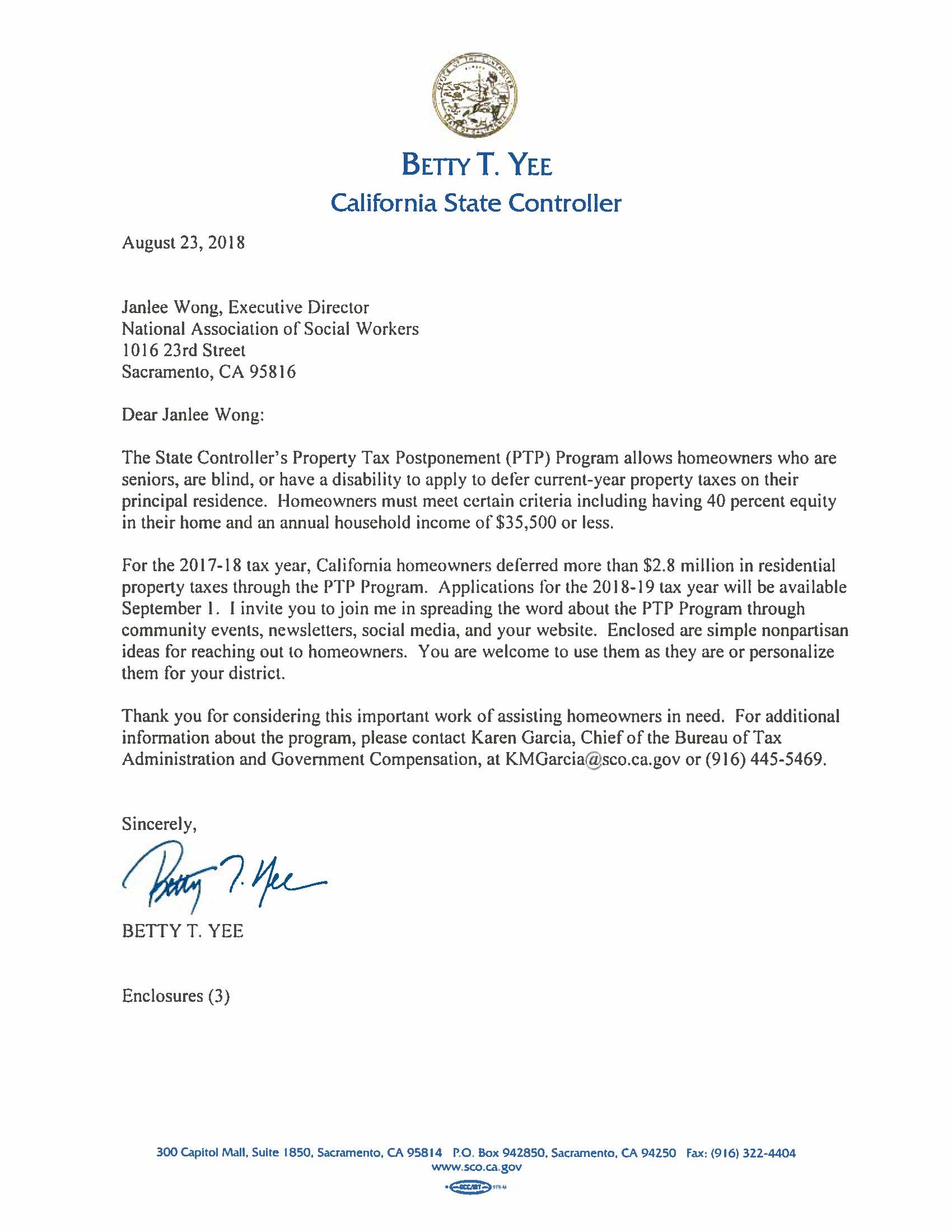 Letter from California State Controller RE Property Tax